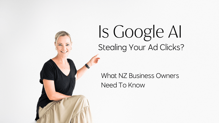 Amanda Roberts from Aligned Media points to a wall with the question Is "Google AI Stealing Your Ad Clicks?"