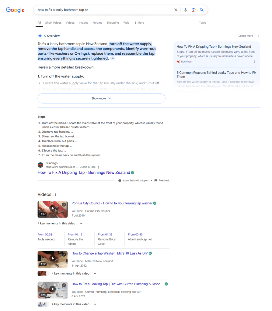 A screenshot showing the Google search results for "how to fix a leaky tap NZ"