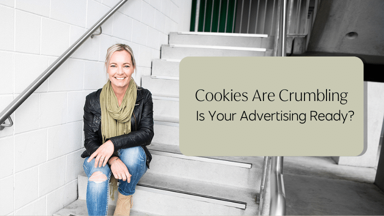 Amanda Roberts from Aligned Media sits on a stairwell next to a text box with the question: Cookies Are Crumbling: Is Your Advertising Ready?